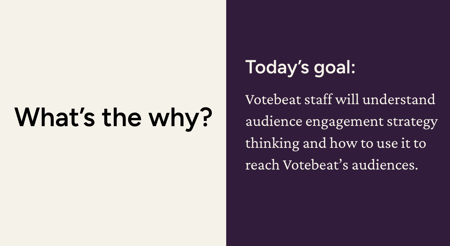 A screenshot of the title slide of my presentation about audience engagement strategies.